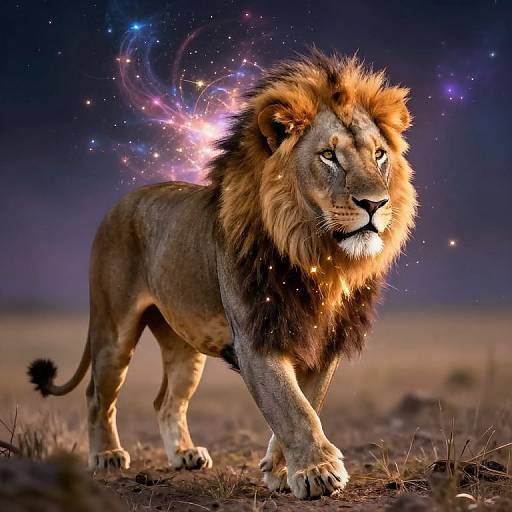 Photograph of a majestic male lion with a glowing, starry mane against a cosmic night sky, standing on a barren landscape.