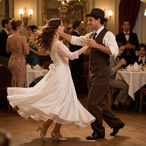 Photograph of a dancing couple in a dimly lit ballroom; the woman in a flowing white dress and the man in pinstripe suit and