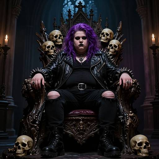 Photograph of a purple-haired woman with pale skin, black leather jacket, and pants, seated on a spiked throne surrounded by skulls, in a dark