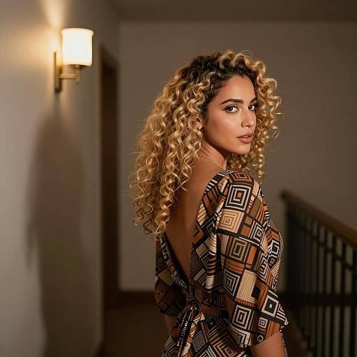 Woman with Curly Blonde Hair in Geometric Blouse