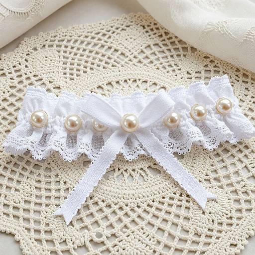 Photograph of a white lace headband with pearl accents, lying on intricate beige lace doilies, creating a delicate, vintage aesthetic.