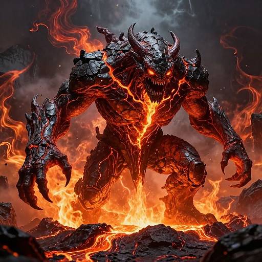 Digital artwork of a towering, horned, fiery demon with glowing orange eyes and molten lava veins, standing amidst blazing flames. Dark, smoky