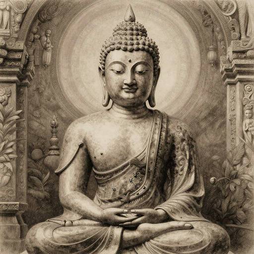 Sepia-toned digital drawing of a serene Buddha statue with closed eyes, adorned with a robe, lotus in hands, and intricate archway background