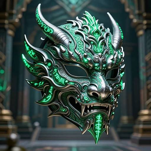 Digital CGI artwork of a fierce, glowing, metallic dragon mask with intricate green patterns and sharp horns, set against a dark, ornate temple background.