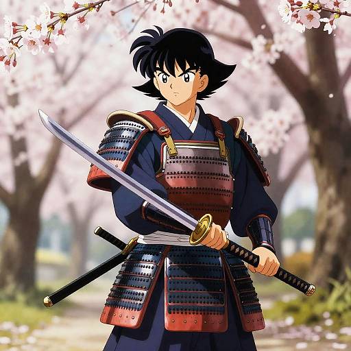 Determined Samurai in Cherry Blossom Garden