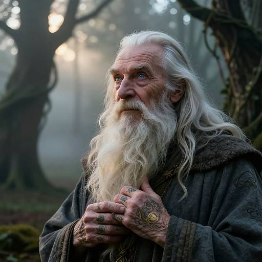 Photograph of an elderly man with long white beard, wearing a brown fur cloak, standing in a misty forest, sunlight filtering through trees, with