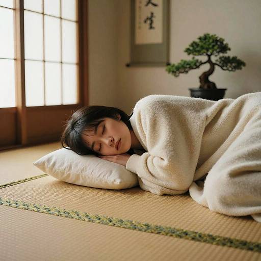 Photograph of an Asian woman with short black hair, sleeping on a tatami mat, wrapped in a white fleece blanket, in a traditional Japanese room