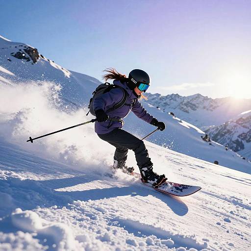 Photograph of a skier in dark gear, blue-tinted goggles, and black helmet, carving through bright, snowy mountain slope under clear blue