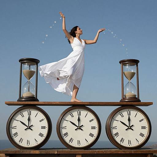 Photograph of a woman in a flowing white dress standing on a wooden plank between two hourglasses and three clocks, water arcs from her raised hand