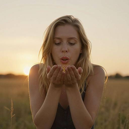 Photograph of a blonde woman with fair skin, wearing a black top, gently blowing golden pollen from her cupped hands at sunset in a golden field