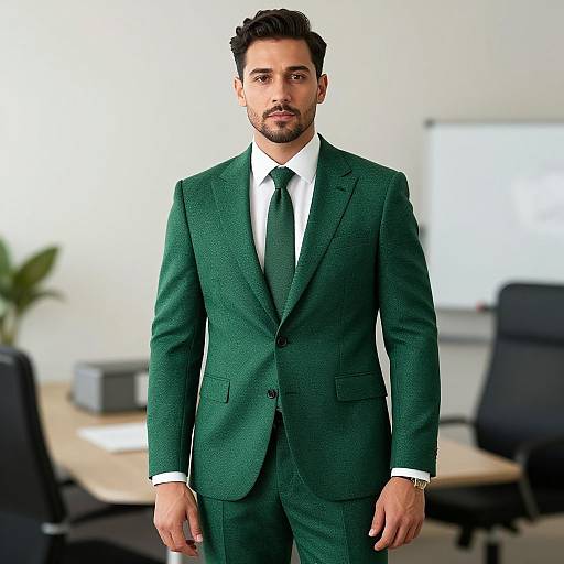 Photorealistic CGI of a handsome, dark-haired man in a green suit, white shirt, and green tie, standing in a modern office with blurred