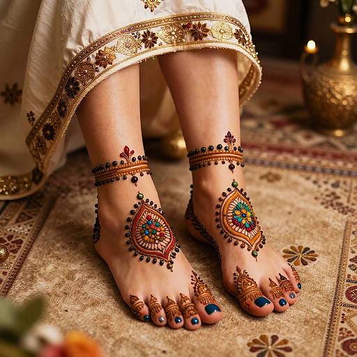 Photograph of decorated feet with intricate henna patterns, blue-painted toenails, and gold anklets, standing on a patterned carpet.