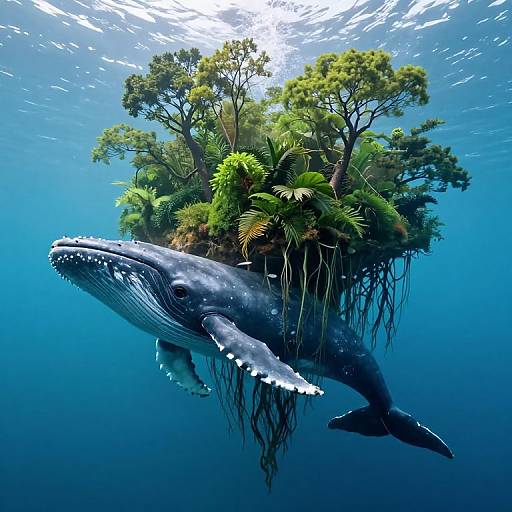 Photorealistic digital art: A massive blue whale carrying a lush, floating island of trees and greenery underwater, surrounded by sunlight filtering through the clear