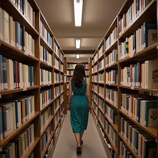 Photograph of a woman in a teal dress walking down a long, dimly-lit library aisle with wooden bookshelves on both sides.