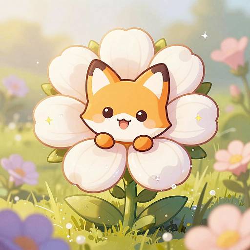 Charming digital illustration of a cute, orange, fox-faced flower with white petals, standing in a sunlit, colorful meadow.
