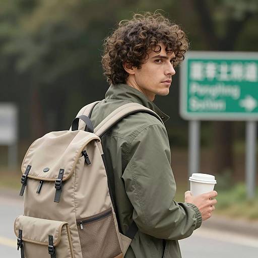 Curly-Haired Man in Green Jacket