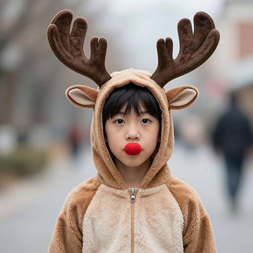 Photograph of an Asian boy with black hair, wearing a reindeer hoodie with antlers, a red nose, standing on a blurred city street.