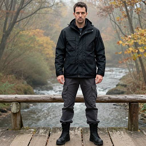 Photograph of a serious man in black jacket and pants standing on wooden bridge, autumn forest background with flowing river.