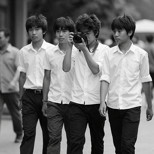 High-Contrast Trio Walking with Camera