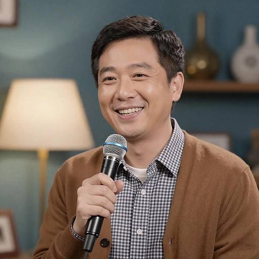 Smiling Man in Brown Cardigan Speaking