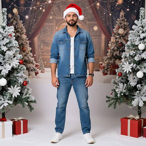 Photograph of a bearded man in a blue denim shirt, white tee, jeans, and Santa hat, standing between snow-covered Christmas trees with gifts