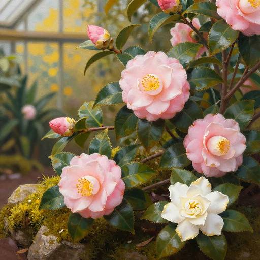 Pink Camellias and White Gardenia in Botanical Greenhouse
