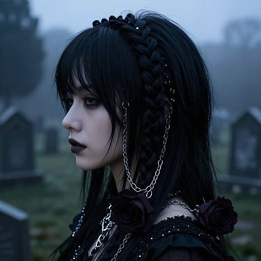Gothic-style photograph of pale woman with black braided hair, dark lipstick, chain headpiece, and black rose dress, in misty graveyard