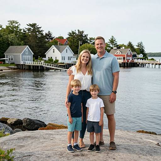 Photograph of a smiling family with two young boys and a blonde woman, standing on a rocky waterfront, in front of quaint white houses with a calm