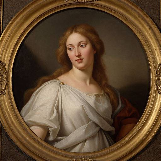 Classical portrait of a fair-skinned, red-haired woman with soft waves, wearing a white, draped garment, set in an ornate gold oval