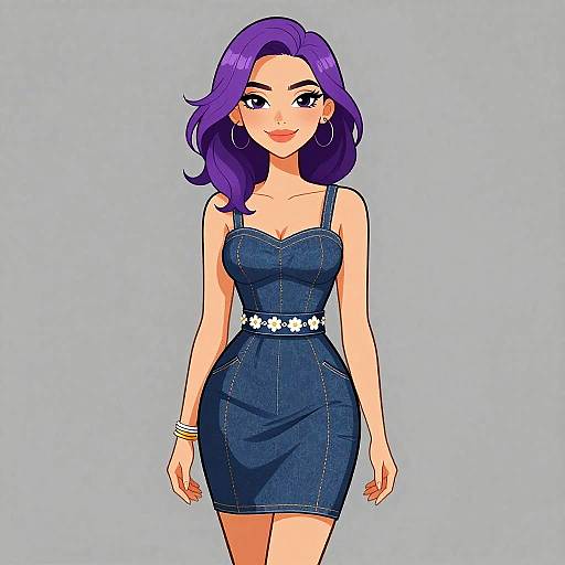 Digital anime-style drawing of a smiling woman with purple hair, wearing a blue denim dress with white flower belt, large hoop earrings, and bracelets, against