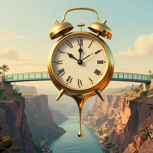Digital art: A large, golden alarm clock with black Roman numerals hovers above a canyon bridge, over a river, with cliffs and palm trees