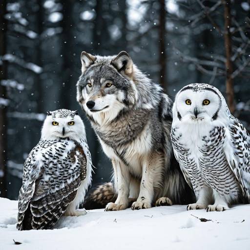Gray Wolf and Snowy Owls in Winter Forest Gray Wolf and Snowy Owls in Winter Forest