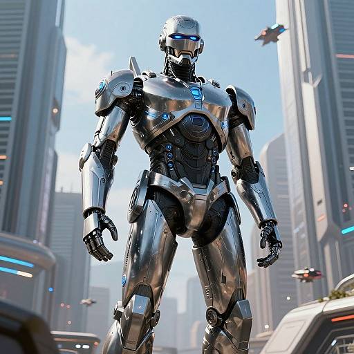 Photorealistic CGI of a silver, futuristic, humanoid robot standing in a busy, futuristic cityscape with tall skyscrapers and flying vehicles.