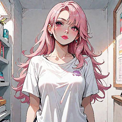 Digital anime-style drawing of a blushing, pink-haired woman with long wavy hair, wearing a white t-shirt, standing in a sunlit room