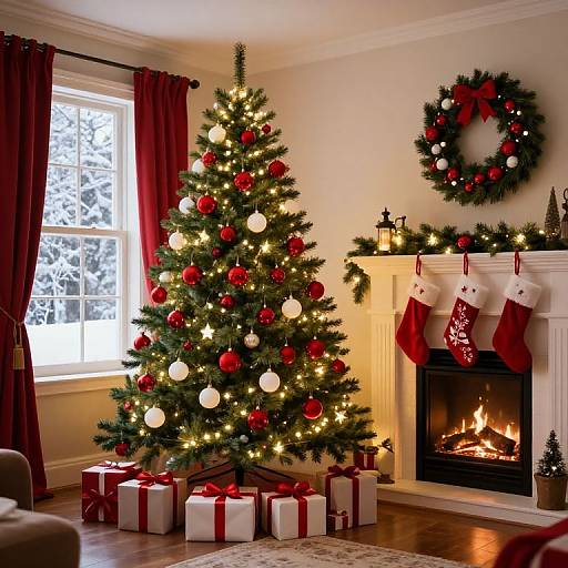 Photograph of a cozy Christmas living room with a lit tree, red ornaments, stockings, fireplace, wreath, and gifts beneath.