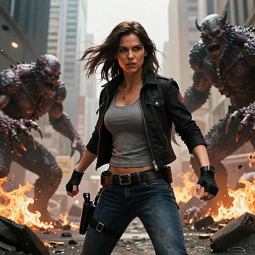 Digital artwork of a fierce, brown-haired woman in a gray tank top and black jacket, standing amid flames, facing three monstrous creatures in a city street