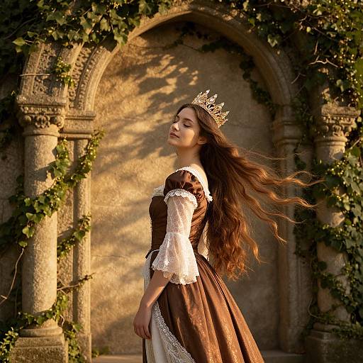 Photograph of a fair-skinned princess with long brown hair, wearing a brown dress with white lace, silver crown, standing in an arched,