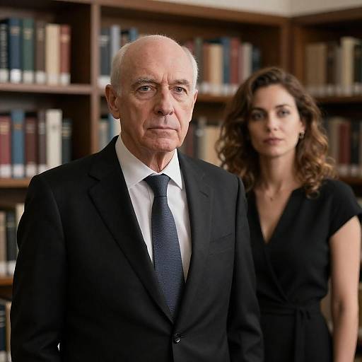 Serious older man in suit with woman in library