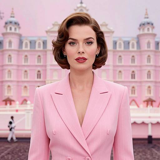 Photorealistic CGI of a confident woman with short brown hair, wearing a pink blazer, standing in front of a pink palace. Bright daylight,