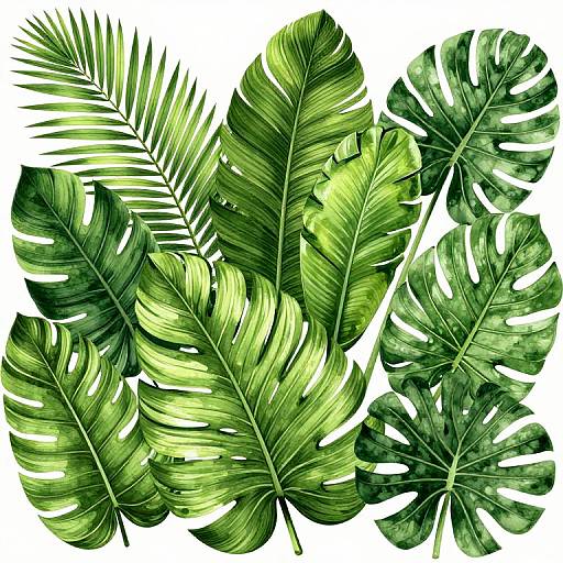 Digital watercolor illustration of various vibrant green tropical leaves, including large monstera and banana leaves, with detailed vein patterns on a white background.
