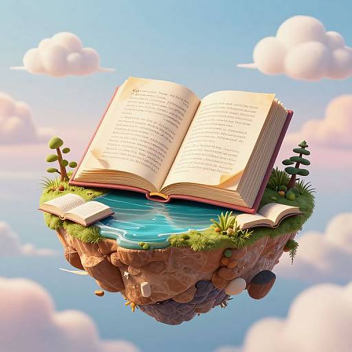 Digital artwork of an open book floating on a grassy, rocky island with water, surrounded by fluffy clouds and a blue sky.