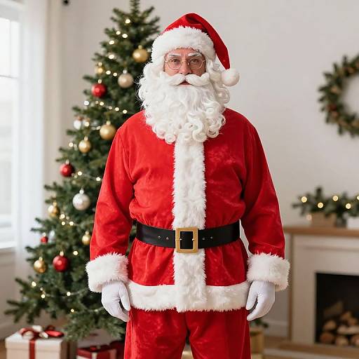 Photograph of a Santa Claus with a white beard, red suit, black belt, white gloves, standing in front of a decorated Christmas tree and fireplace