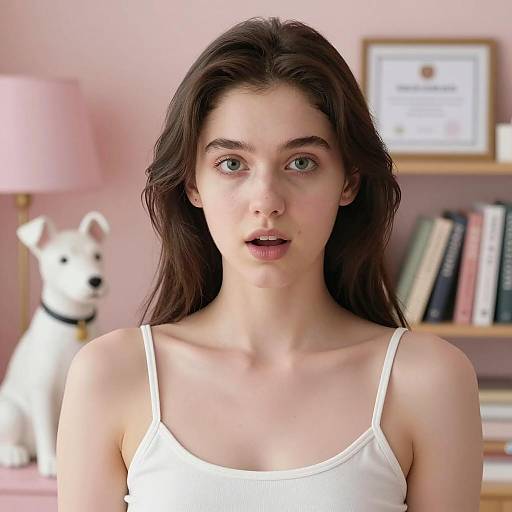 Surprised Woman in A Cozy Pink Room