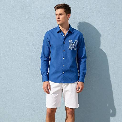 Photograph of a young man with short brown hair, wearing a blue button-up shirt with 