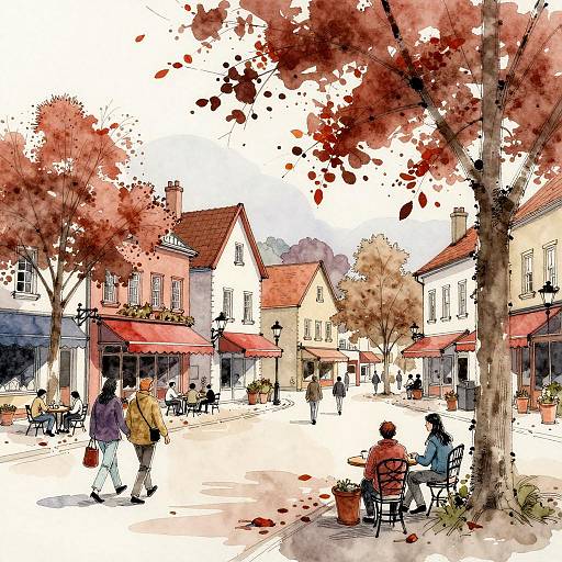 Autumn Town Square Watercolor Scene