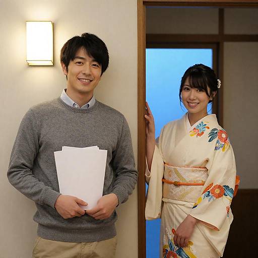 Smiling Man and Woman in Kimono Indoors