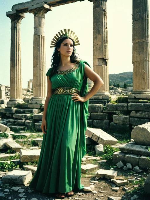 Woman in Green Greek Goddess Costume Among Ancient Ruins