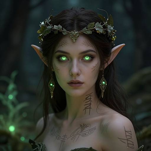 Digital artwork of a green-eyed, dark-haired elven woman with intricate tattoos, a floral crown, and glowing green earrings in a dark forest.