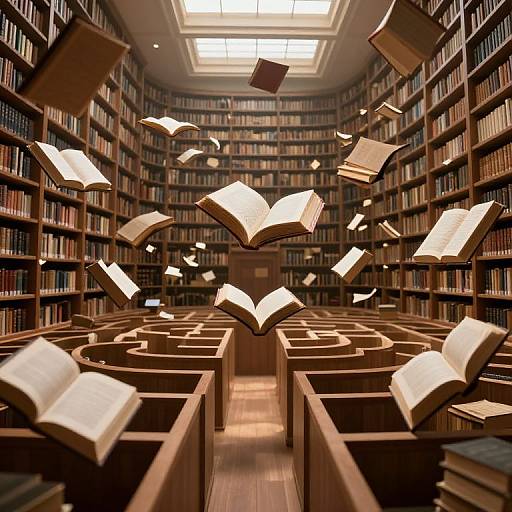 Photograph of a library with floating open books, surrounded by wooden bookshelves, under bright skylight, creating a magical atmosphere.