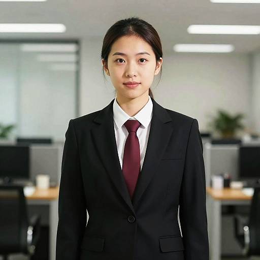 Photograph of an Asian woman with straight black hair in a sleek black suit, white shirt, and red tie, standing in a modern, brightly-l
